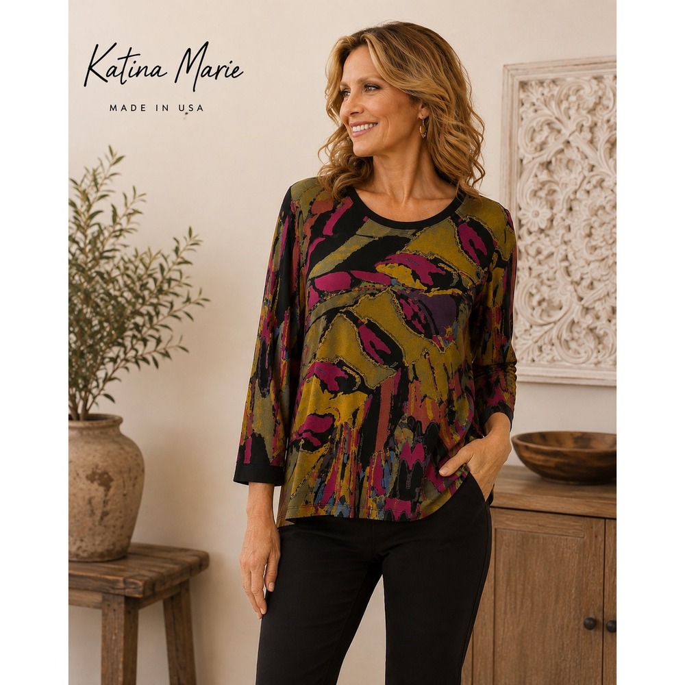 Katina Marie Supima Cotton Abstract Print 3/4 Sleeve Boho Top Size XL
